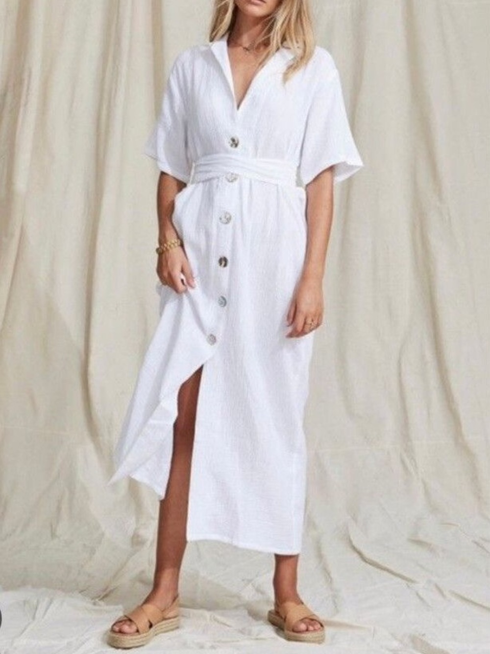 Maurie + Eve Higher Love Gauze Cotton Midi Shirt Dress Tie Waist White Resort 10